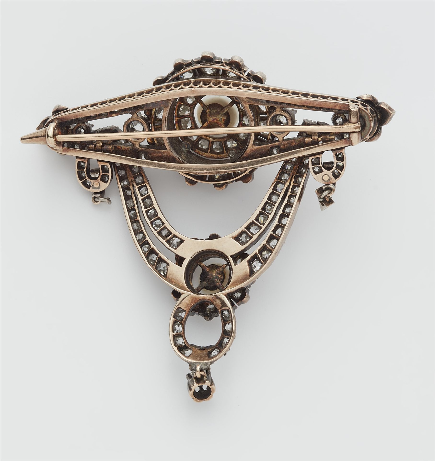 A late 19th century silver 14k red gold diamond and pearl garland brooch. - Image 2 of 2