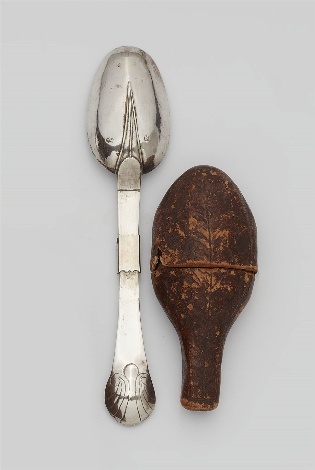 A Nuremberg silver folding spoon in a case