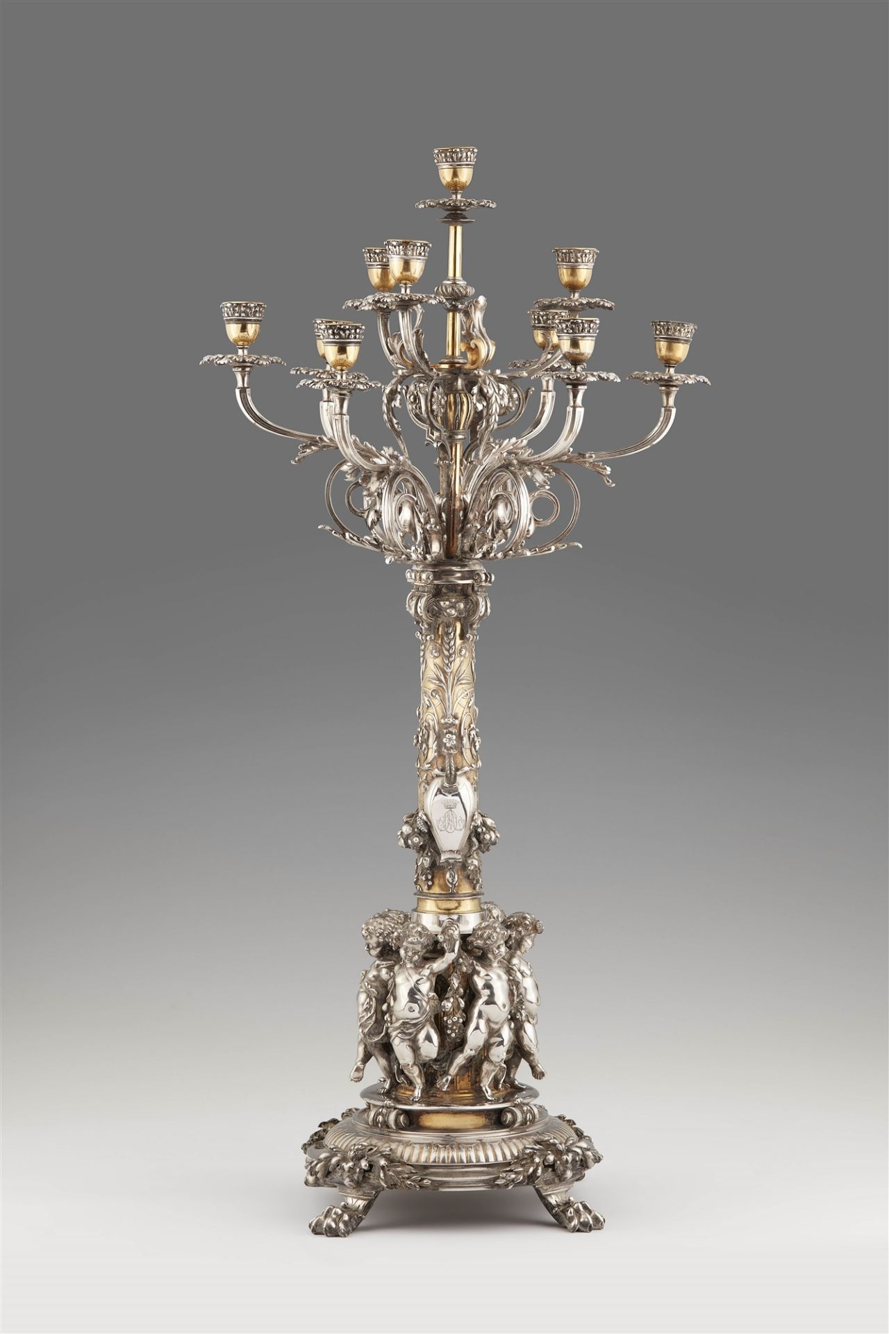 A silver and gold plated bronze candelabra made for Baron Abraham Oppenheim