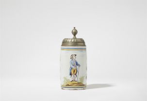 A rare Offenbach pewter-mounted faience tankard