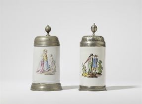 Two pewter-mounted Proskau faience tankards with figural decor