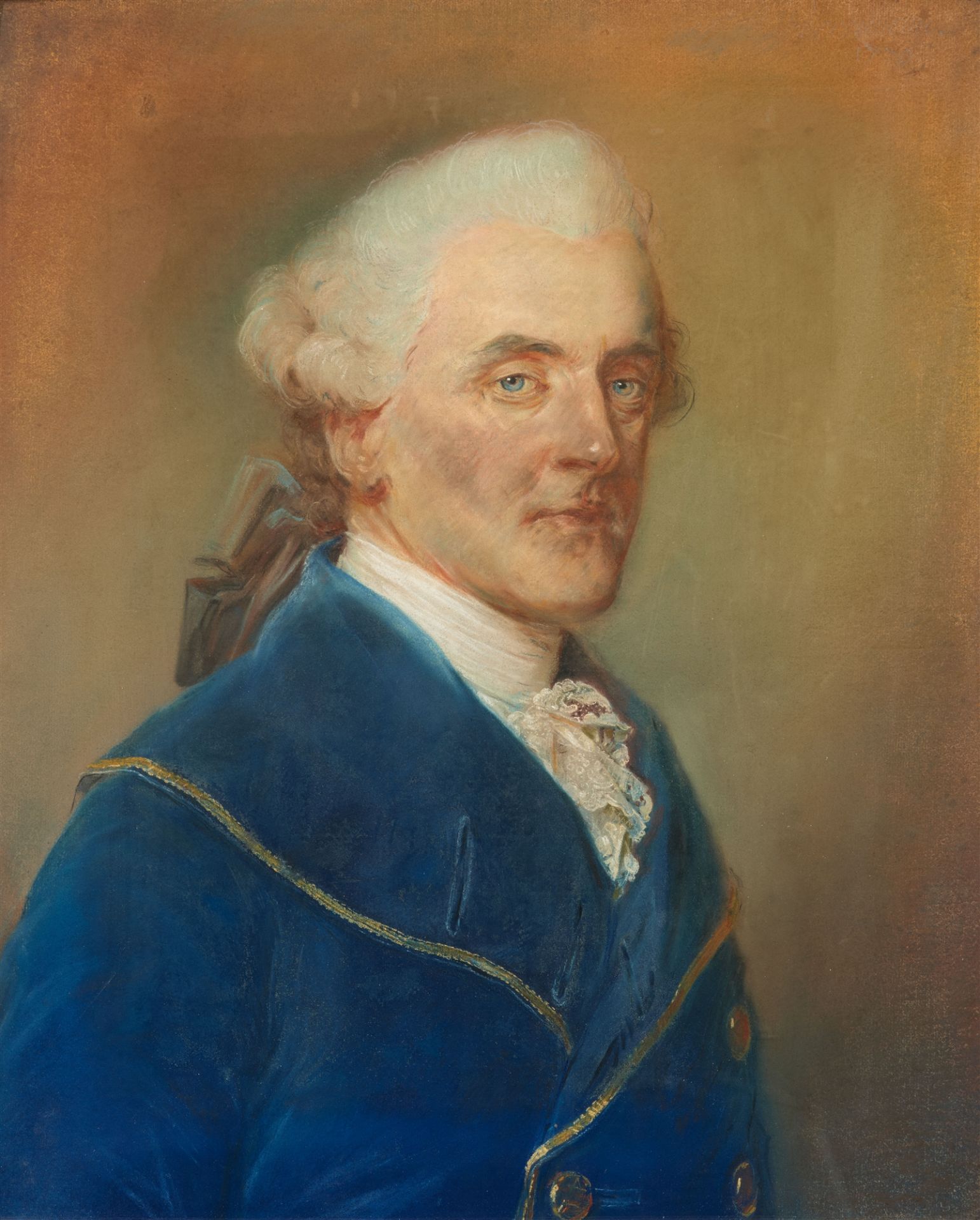 Jean-Baptiste Perronneau, Bildnis eines Mannes in blauer Samtjacke, mit weisser Krawatte und Spitzen