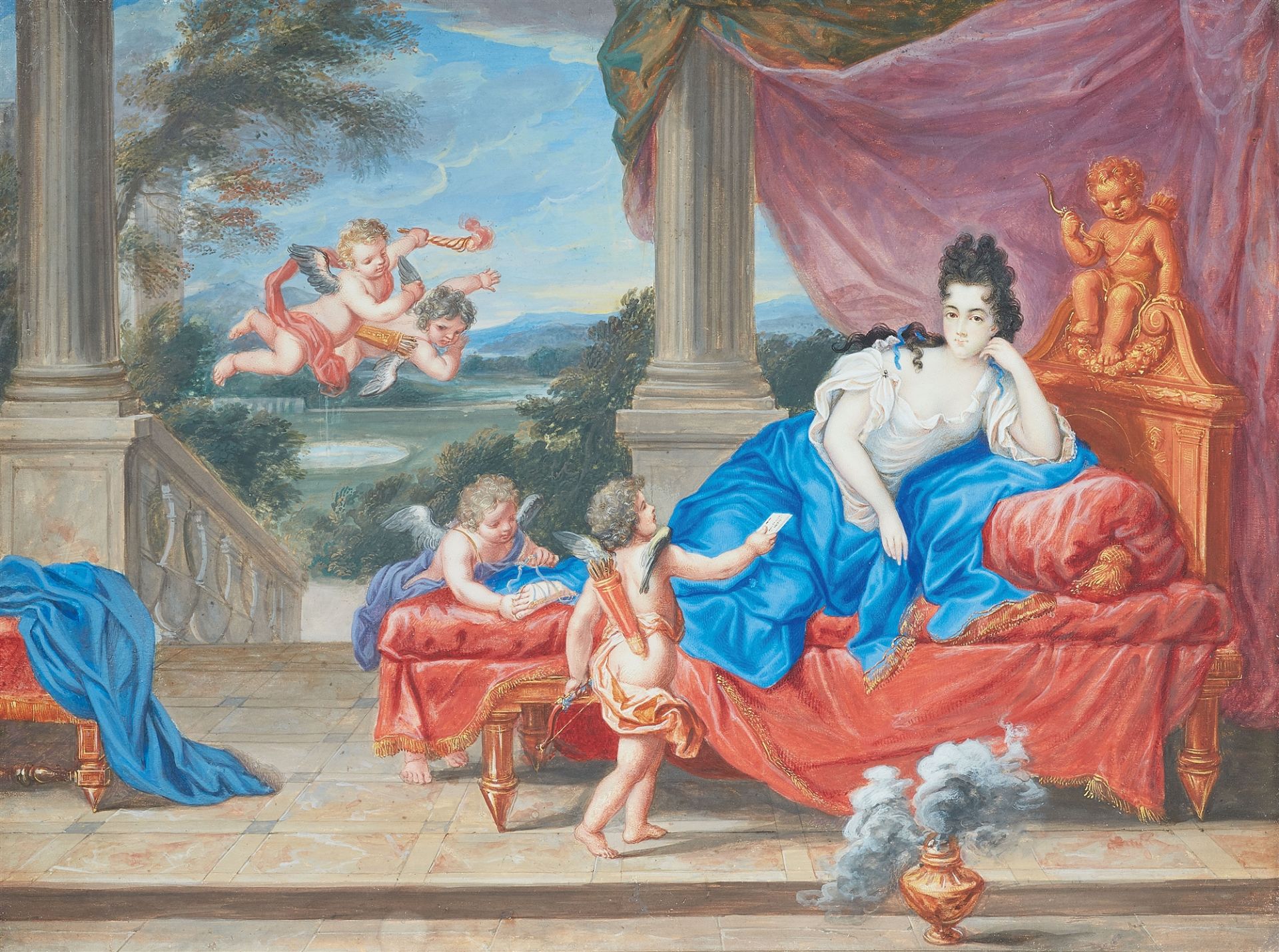 Französischer Künstler um 1700, Cupido überreicht einen Brief an Marie-Adélaïde de Savoie, Herzogin 