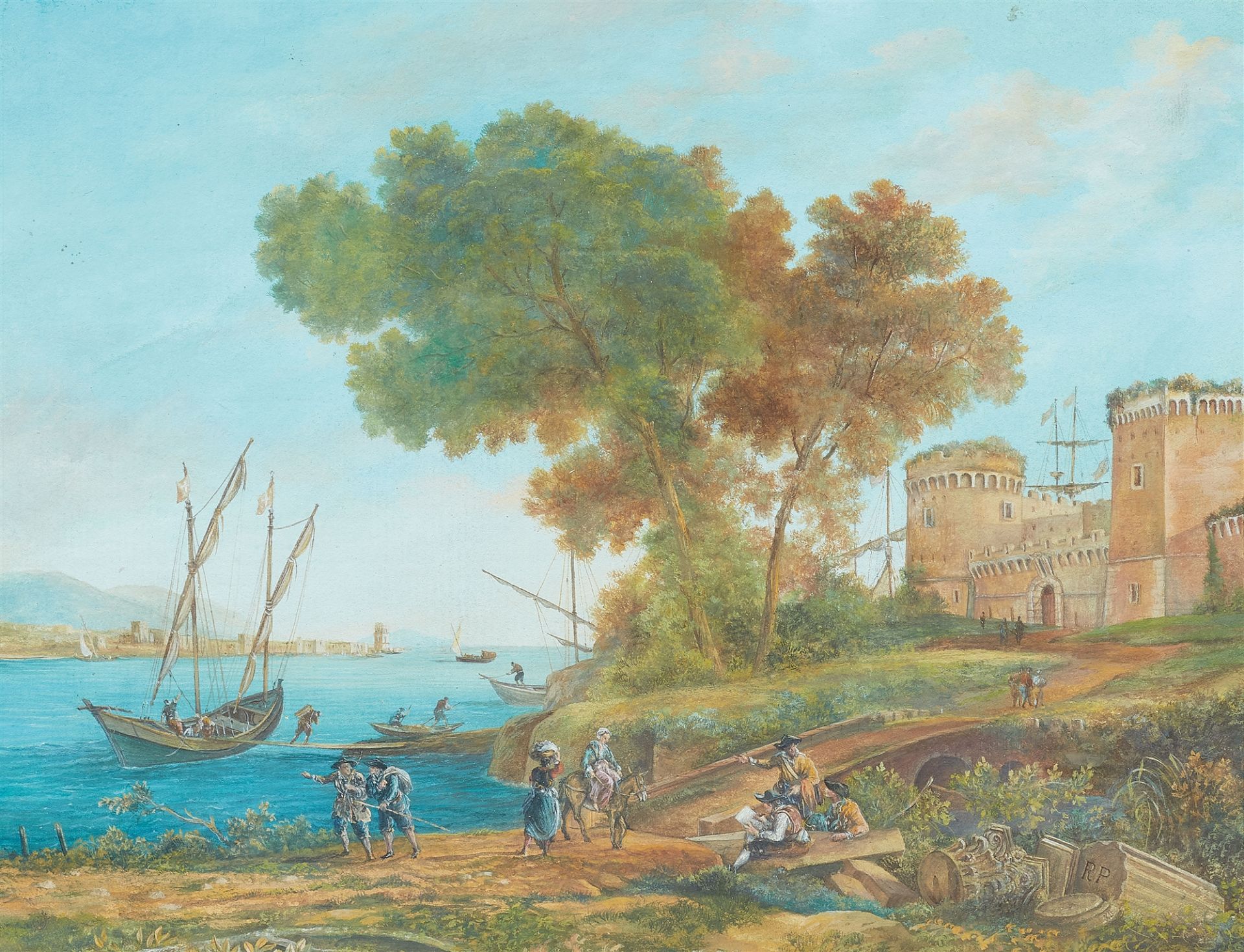 Französischer Meister des 18. Jahrhunderts, Zwei Hafenszenen mit antiken Bauten - Bild 2 aus 2