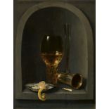 Willem Claesz. Heda, Stillleben mit Römer, venezianischem Flötenglas, einem Silberbecher neben einer