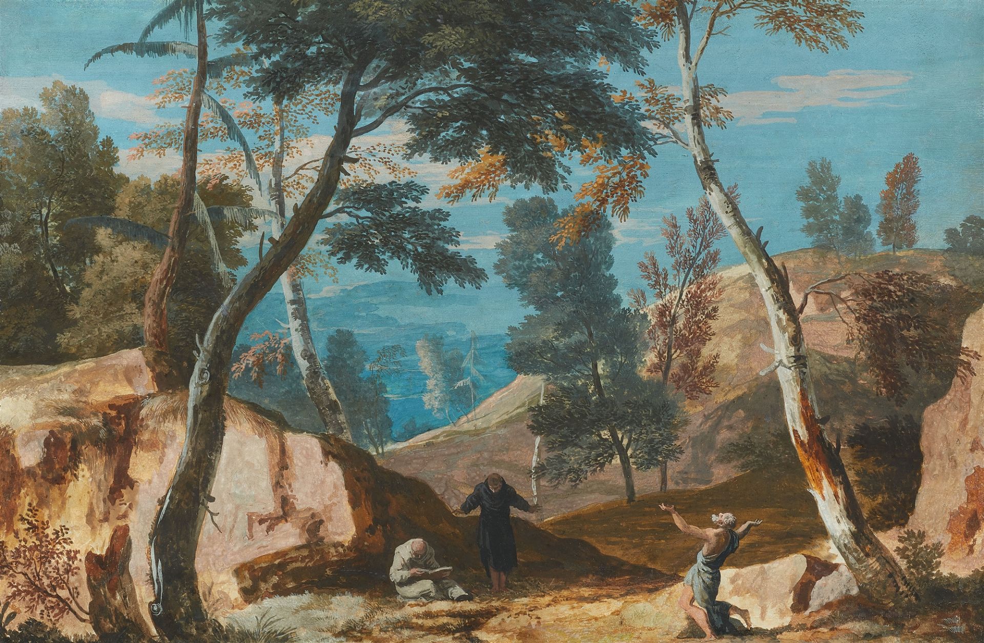 Marco Ricci, Bergige Landschaft mit zwei Mönchen und einem Einsiedler