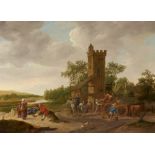 Jan Steen, Landschaft an einem Fluss und mit einem Turm, davor be- oder entladen Männer einen Karren