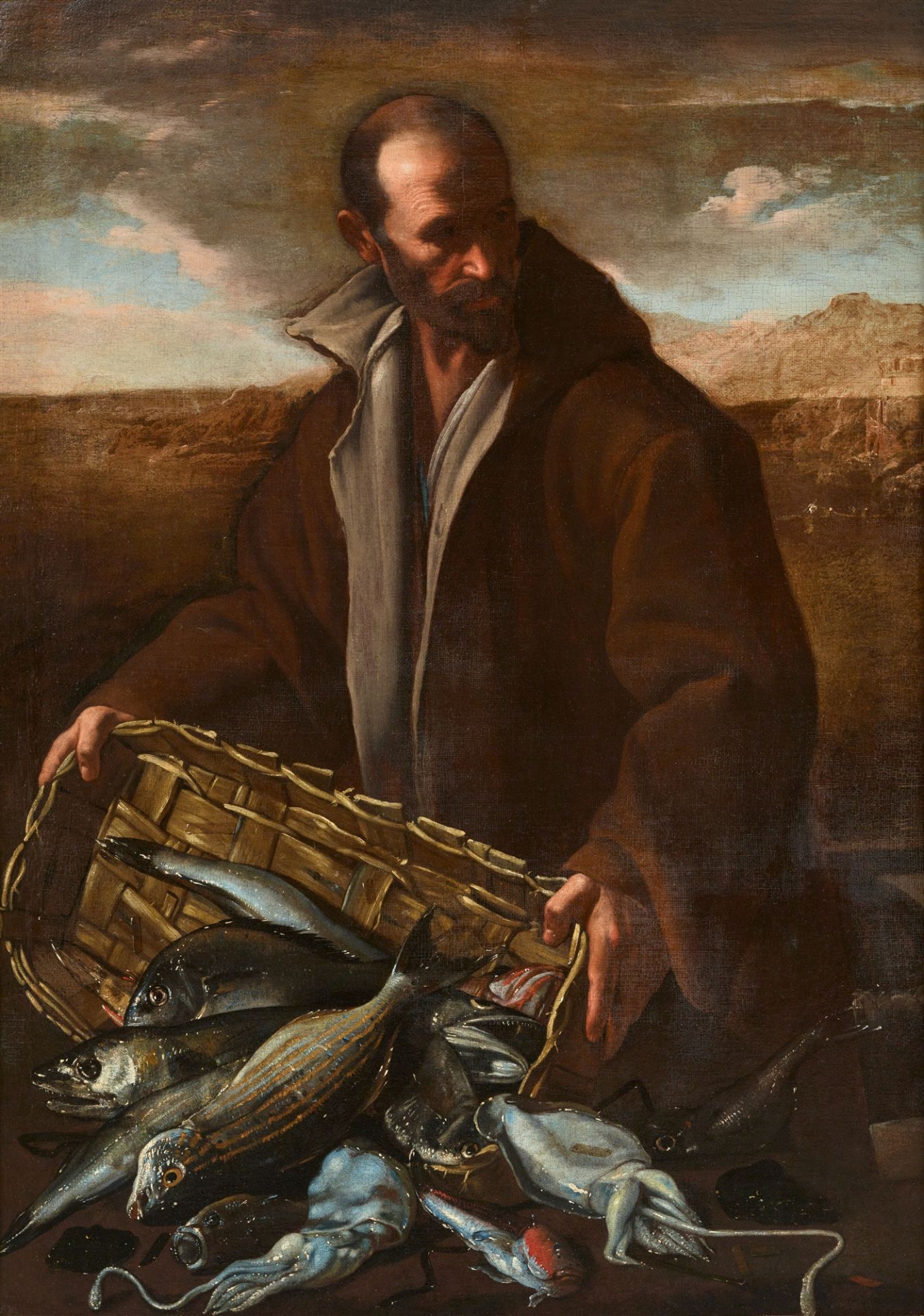 Massimo Stanzione, Giovanni Battista Recco, Fisherman with a basket of fish in a coastal landscape