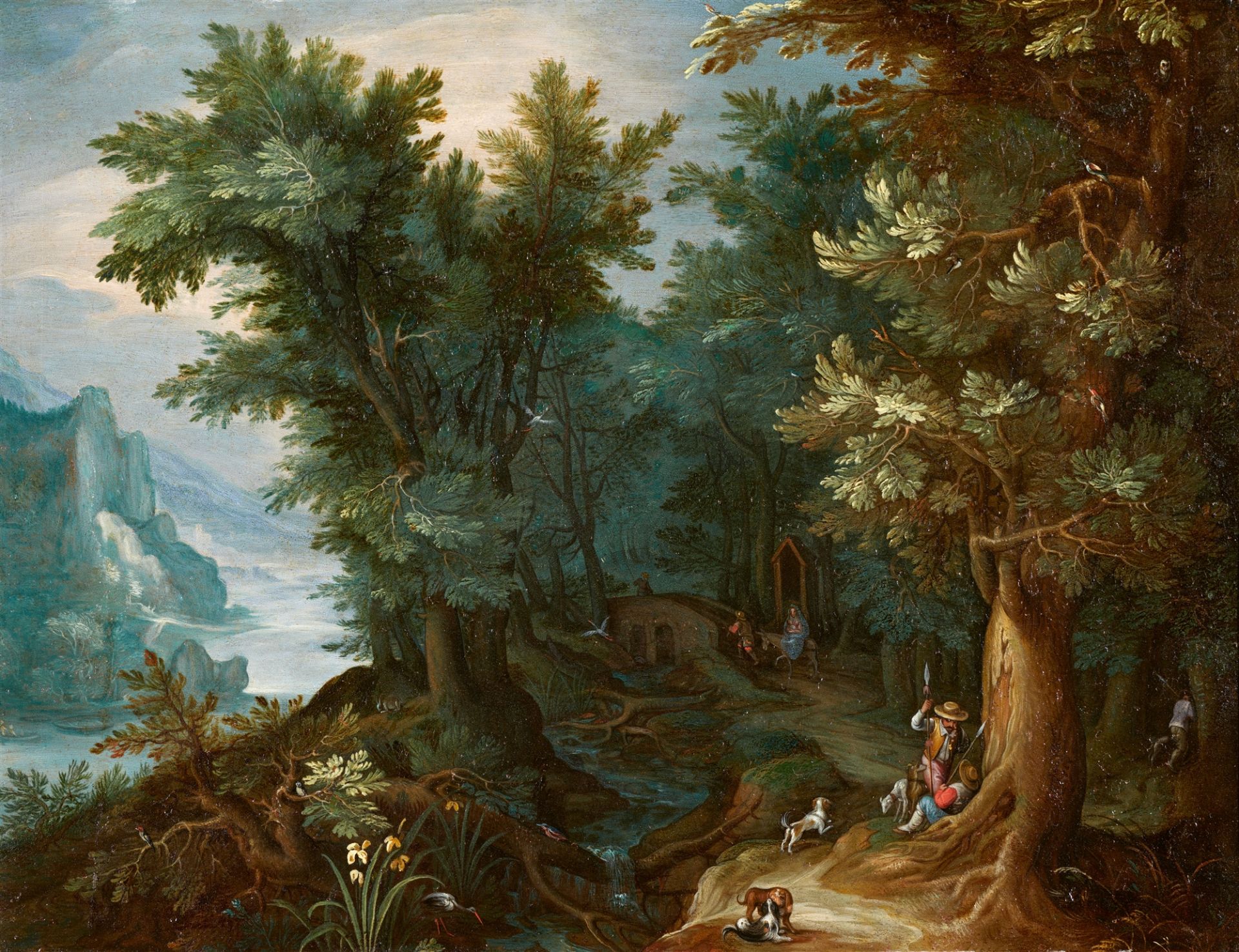 Anton Mirou, attributed to, Wooded River Landscape with Huntsmen Resting by a Path, the Flight into 