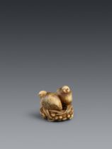 Netsuke zweier Wachteln auf Hirse. Elfenbein. Frühes 19. Jh.