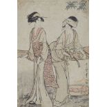 Kitagawa Utamaro, Two women stretching a thin silk cloth