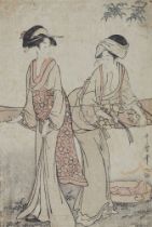 Kitagawa Utamaro, Zwei Frauen spannen einen sehr dünnen Seidenstoff zum Trocknen auf