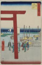 Utagawa Hiroshige, Reisende vor einem Shinto-Tor auf die Fähre wartend
