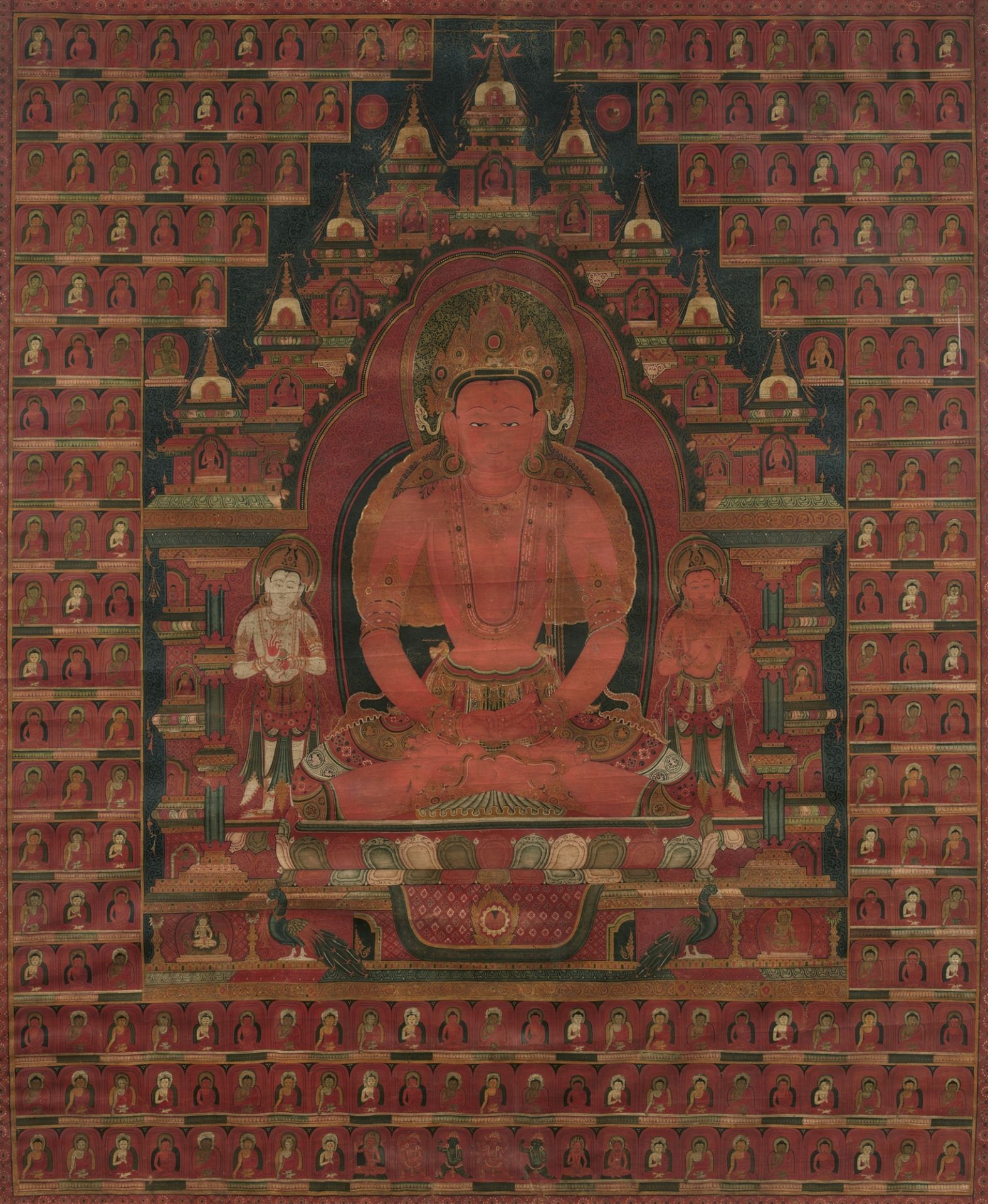 Imposantes und feines Thangka des Buddha Amitabha. Tibet, 16. Jh. oder früher