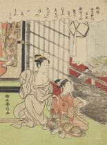 Suzuki Harunobu, Junge Frau und Dienerin während des Tanabata-Festes aus einem Fenster schauend