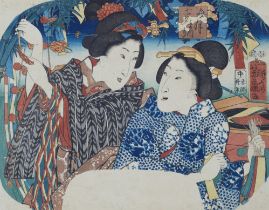 Utagawa Yoshifuji, Two young women decorating for the Tanabata festival