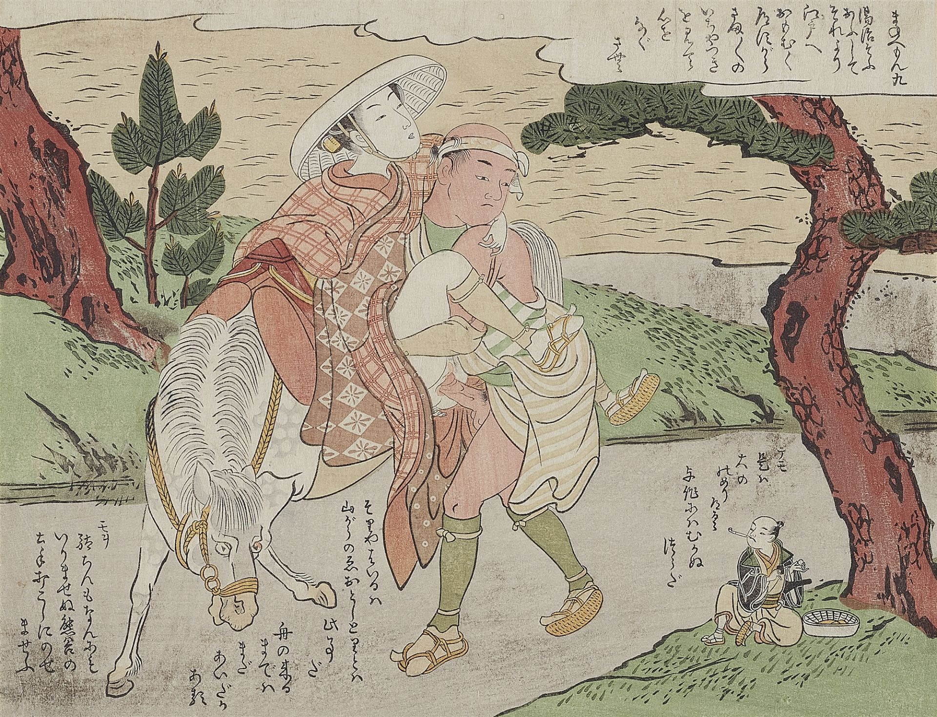 Suzuki Harunobu, Traveling woman on horseback and her groom