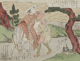 Suzuki Harunobu, Reitknecht und reisende Frau beim Liebesspiel zu Pferd