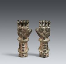 A pair of large bronze tiger paws of a yali. Southern India, Tamil Nadu. 18th century