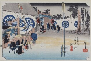 Utagawa Hiroshige, Aufbruch eines Daimyo-Zuges an frühem Morgen in Seki