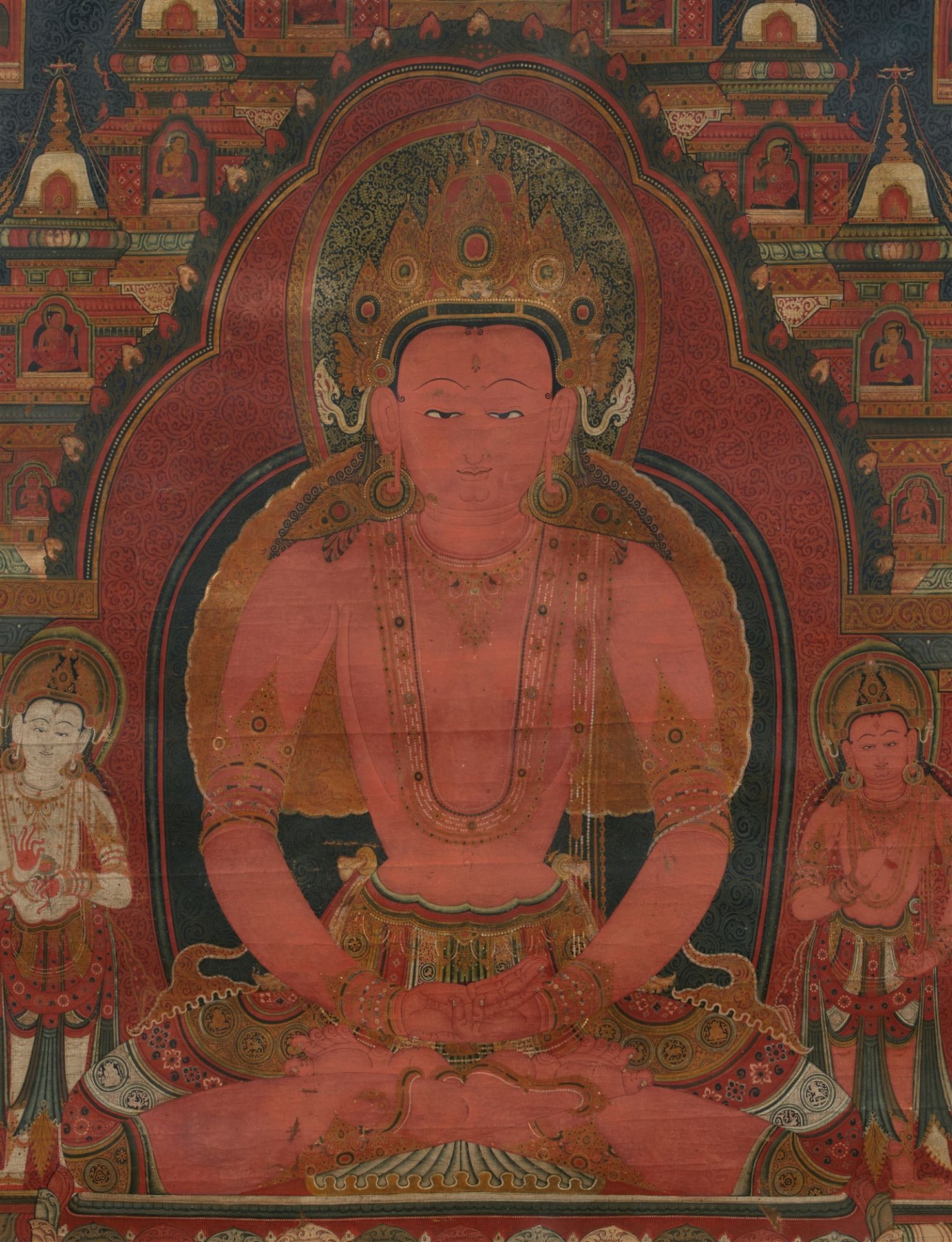 Imposantes und feines Thangka des Buddha Amitabha. Tibet, 16. Jh. oder früher - Bild 2 aus 2