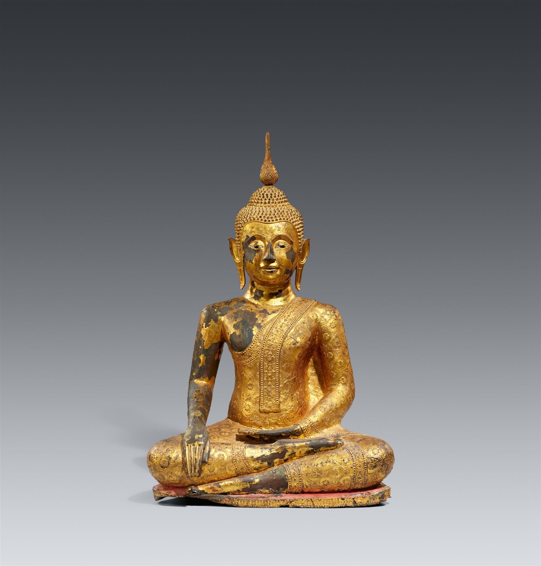 A large Ratanakosin gilded and lacquered bronze figure of Buddha Maravijaya. Thailand. Early 19th ce