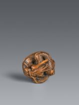 A mingei-type wood netsuke of a large dragon. 19th century