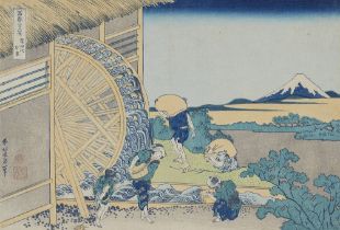 Katsushika Hokusai, Bauern bei einem großen Wasserrad