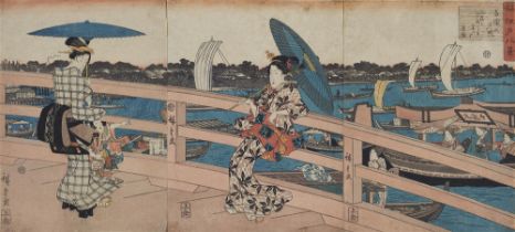 Utagawa Hiroshige, Zwei Frauen mit Schirmen