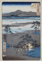 Utagawa Hiroshige, Blick auf einen Teestand am Fluss Tenryū