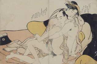 Torii Kiyonaga, zugeschrieben, Liebespaar mit gelb-schwarzer Futon-Decke