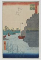 Utagawa Hiroshige, Fischerboote mit Netzen auf dem Fluss Tone