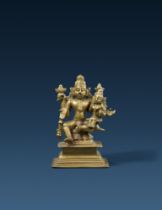 A Maharashtra copper alloy figure of Lakshmi-Narasimha. Central India. Early 19th century