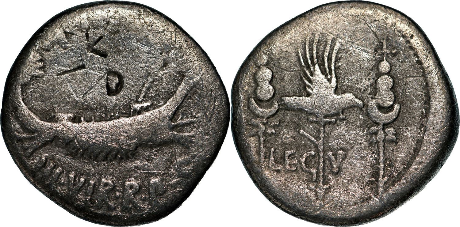 Marc Antony( 49-30 BC) Legionary Denarius, Silver, (21 mm, 3.14 g) Military mint moving with Antony,