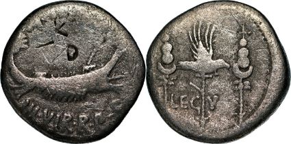 Marc Antony( 49-30 BC) Legionary Denarius, Silver, (21 mm, 3.14 g) Military mint moving with Antony,