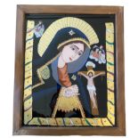 Polychrome glass painting about the Virgin Mary before Christ suffering on the cross