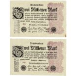 Lot of 2 Banknotes. 2 Milionen Mark 09.08.1923