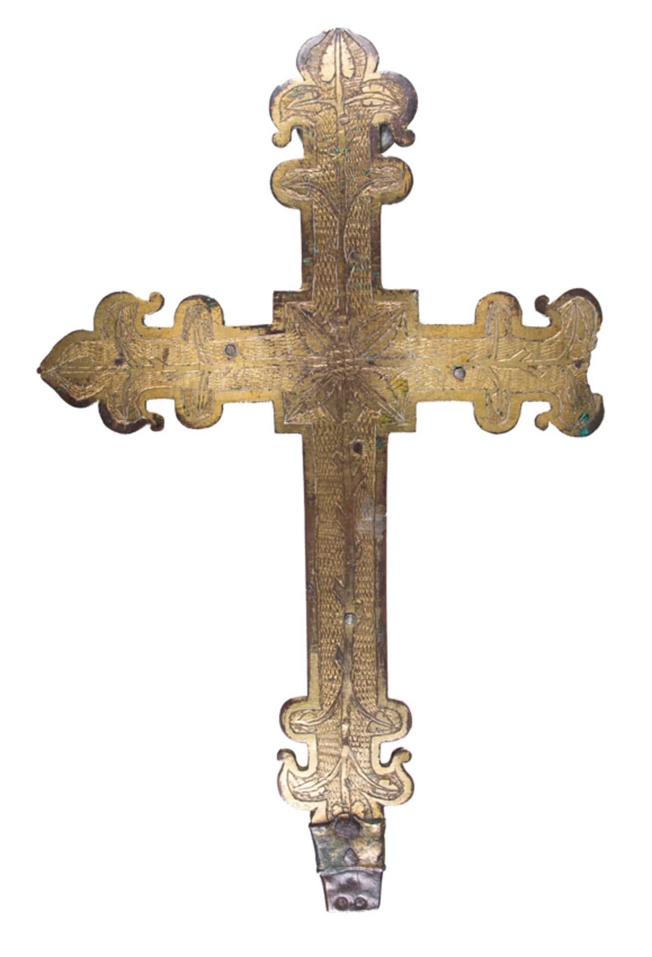Spanish fleur de lis processional cross with an affixed Christ crowned in the centre, in gilded copp - Image 7 of 7