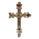 Spanish fleur de lis processional cross with an affixed Christ crowned in the centre, in gilded copp