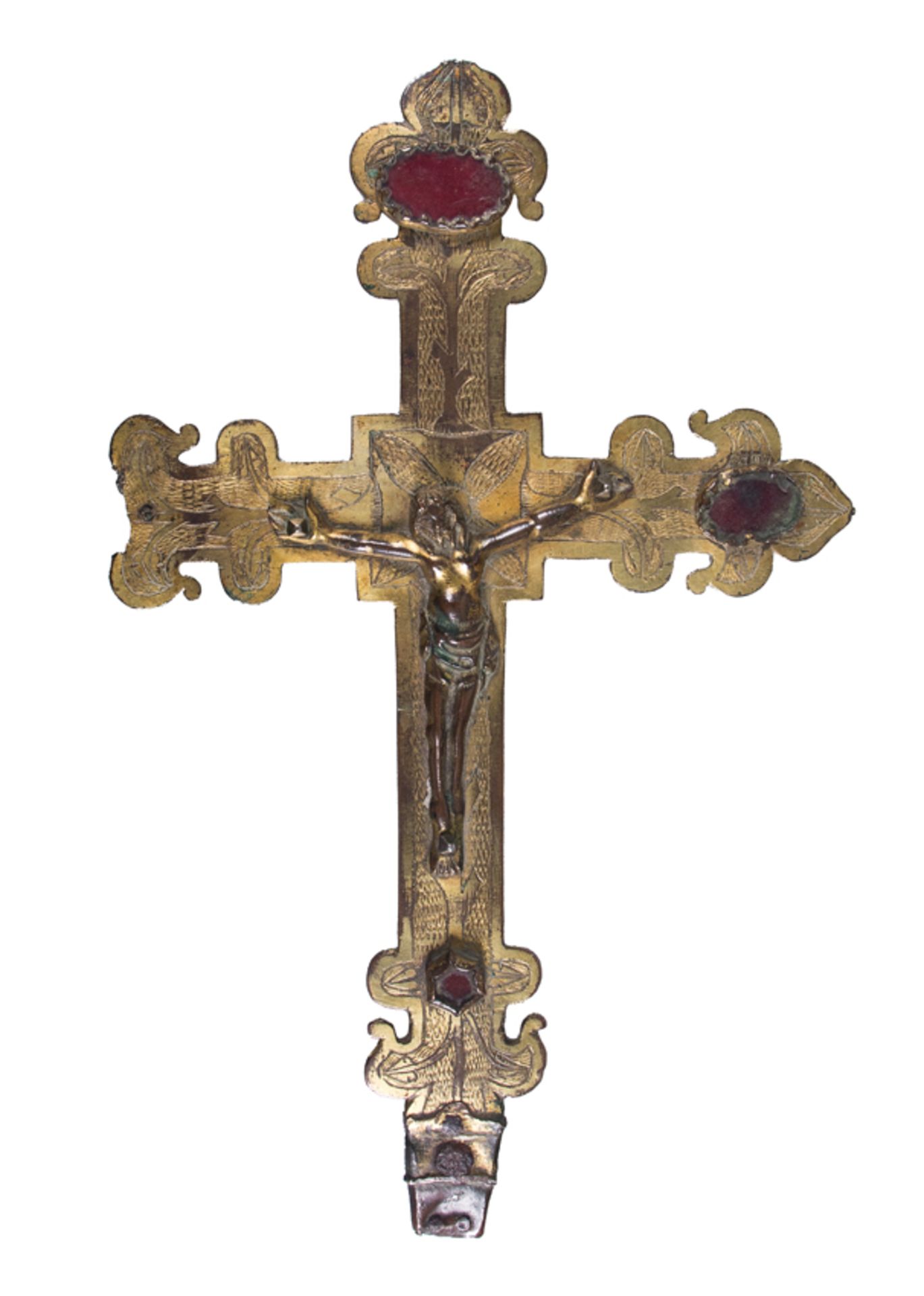 Spanish fleur de lis processional cross with an affixed Christ crowned in the centre, in gilded copp