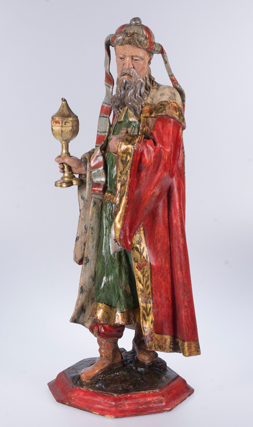 "King Melchior". Sculpture in carved and polychromed wood. Anonymous, Castilian.  Circa 1725-1750. - Image 2 of 10
