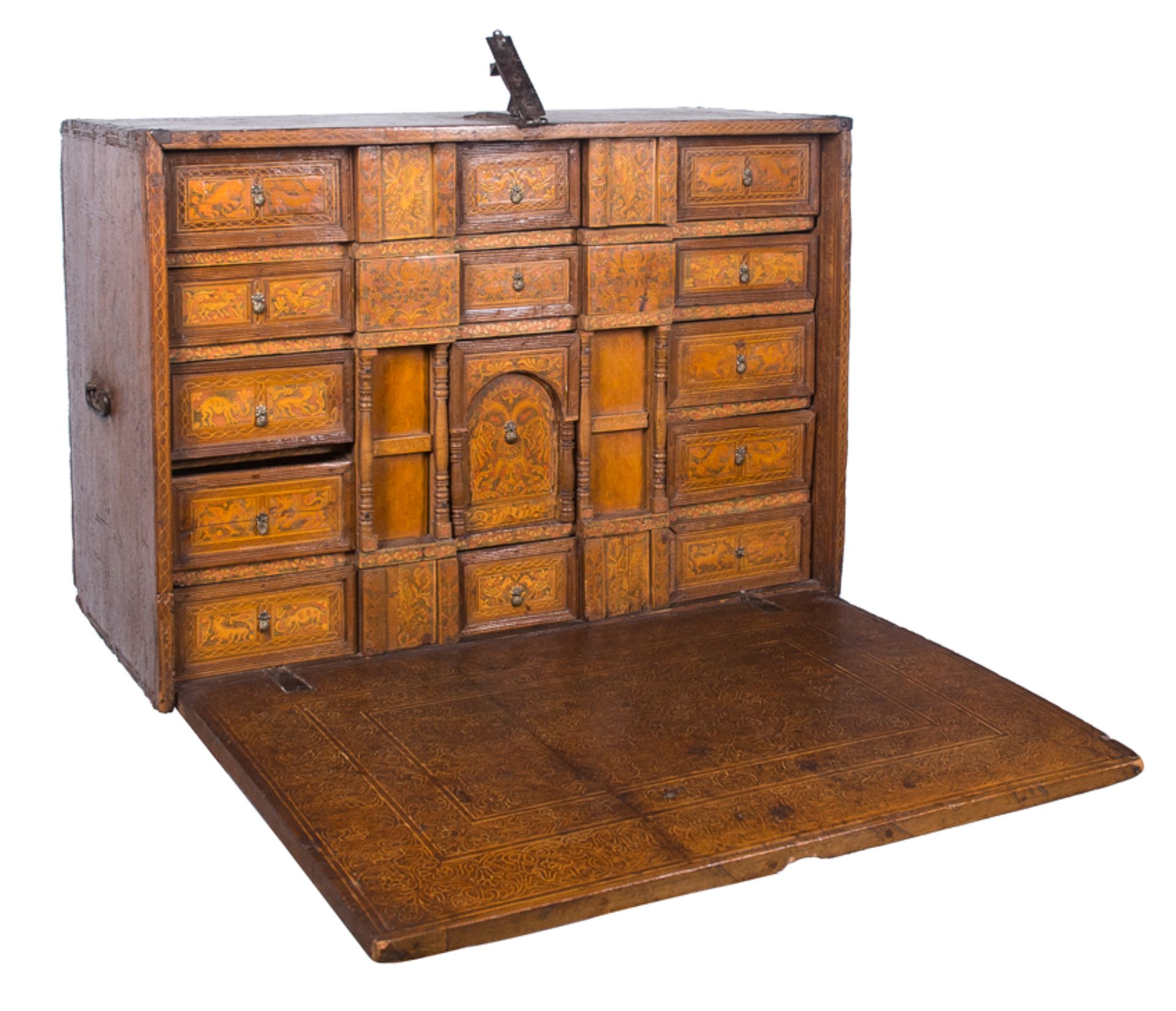 Cedar and fruit wood desk with incised, tinted decoration, inlay and iron fittings. Colonial work. V