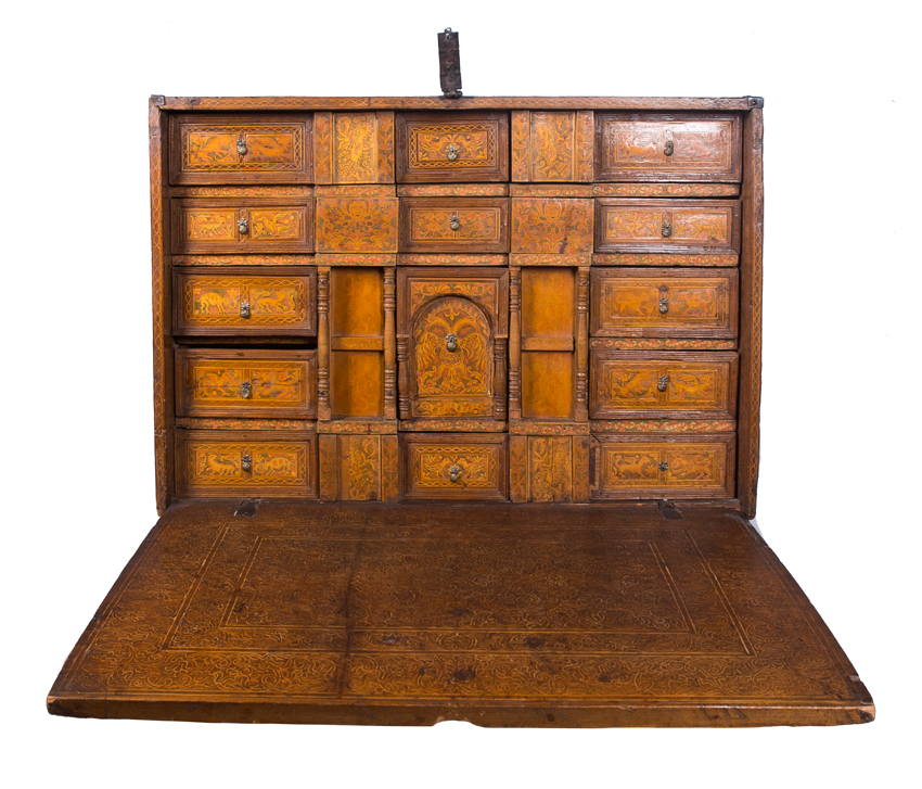 Cedar and fruit wood desk with incised, tinted decoration, inlay and iron fittings. Colonial work. V - Image 2 of 15