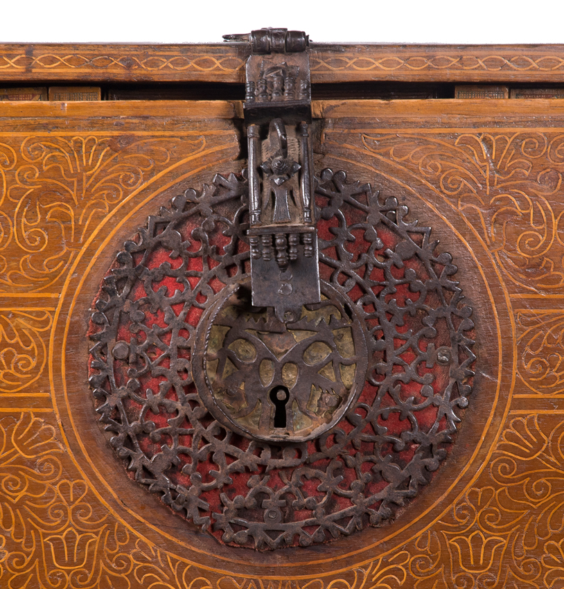 Cedar and fruit wood desk with incised, tinted decoration, inlay and iron fittings. Colonial work. V - Image 11 of 15