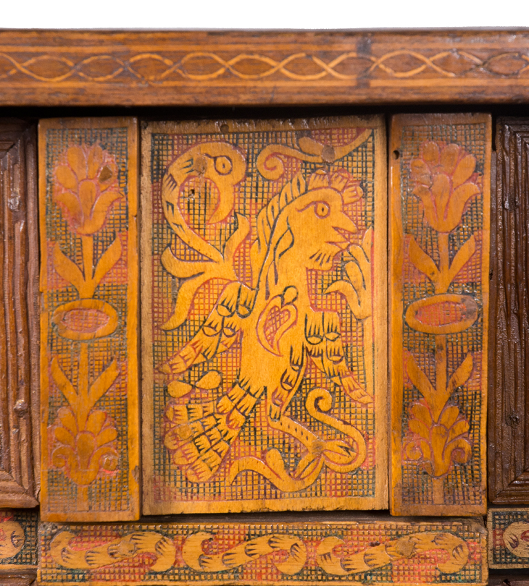 Cedar and fruit wood desk with incised, tinted decoration, inlay and iron fittings. Colonial work. V - Image 10 of 15
