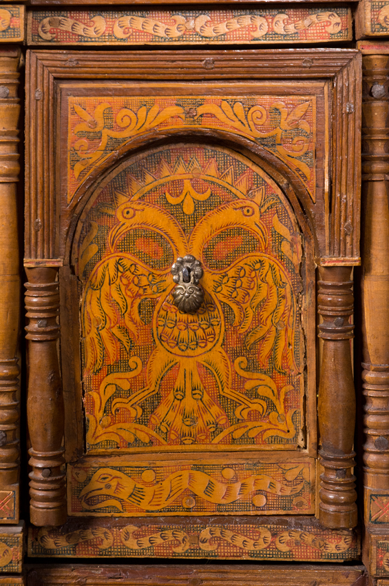 Cedar and fruit wood desk with incised, tinted decoration, inlay and iron fittings. Colonial work. V - Image 9 of 15