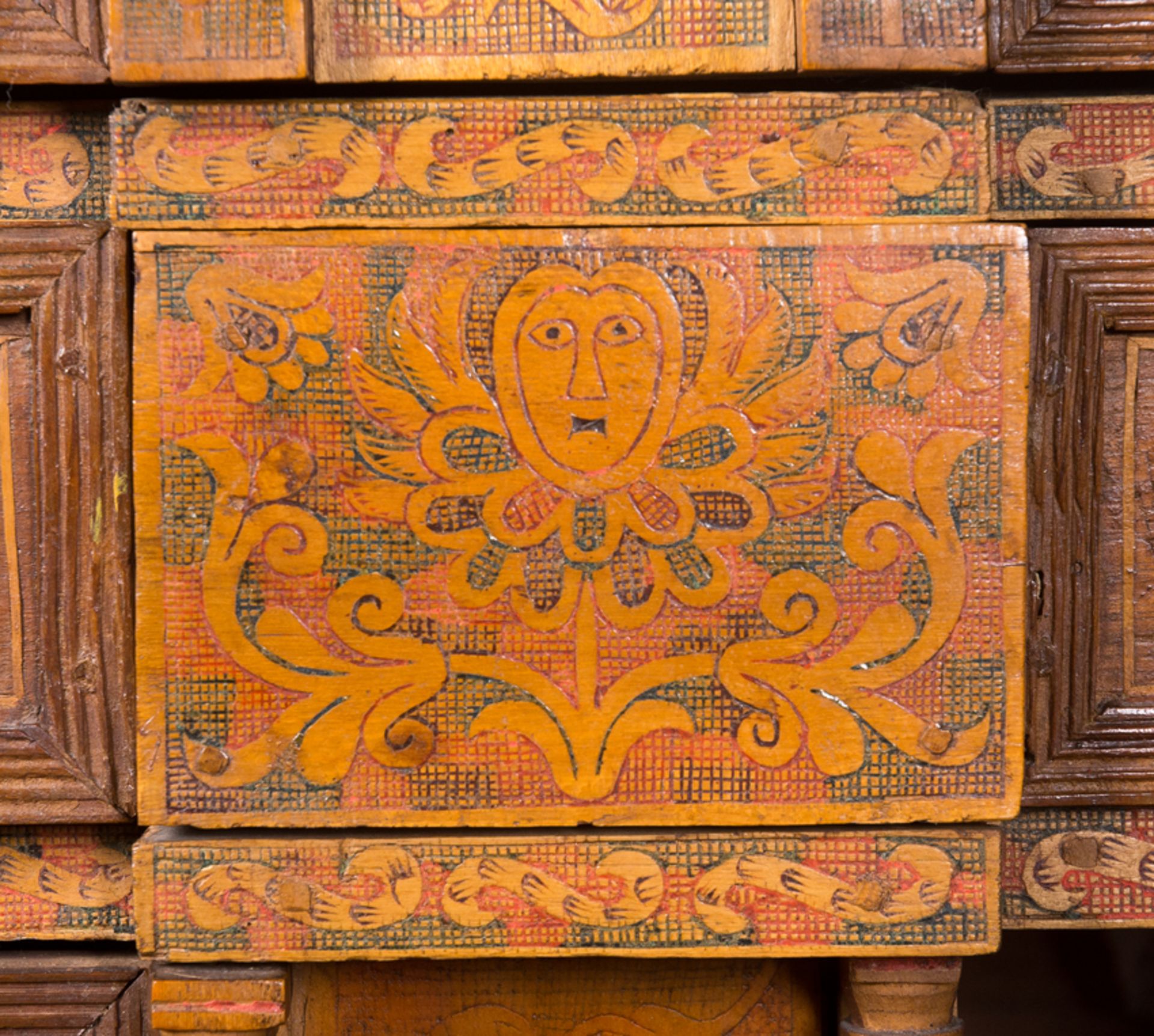 Cedar and fruit wood desk with incised, tinted decoration, inlay and iron fittings. Colonial work. V - Image 12 of 15