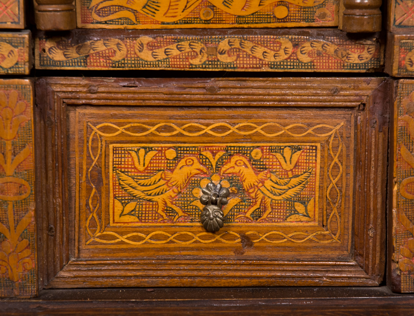 Cedar and fruit wood desk with incised, tinted decoration, inlay and iron fittings. Colonial work. V - Image 14 of 15
