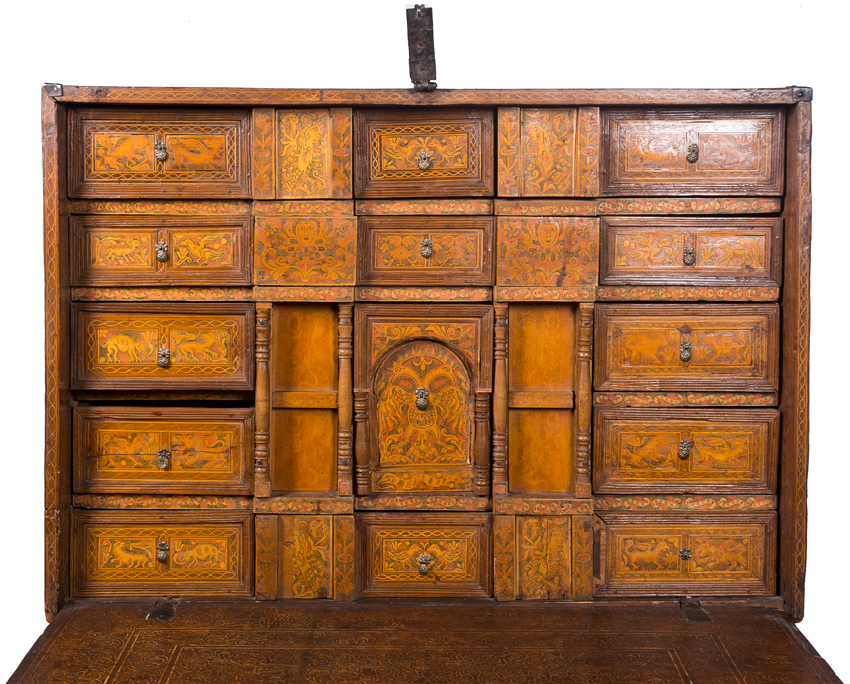 Cedar and fruit wood desk with incised, tinted decoration, inlay and iron fittings. Colonial work. V - Image 7 of 15