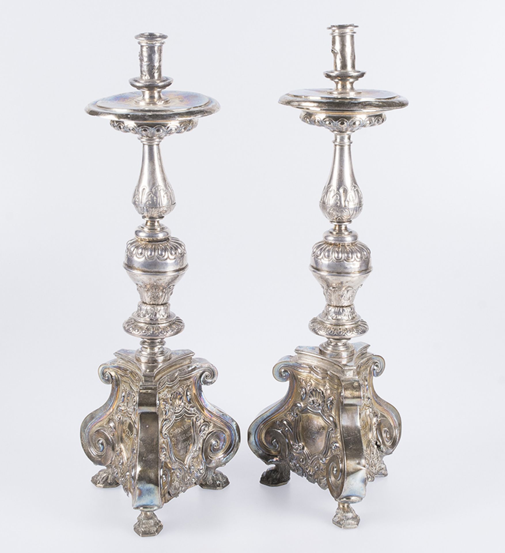 Pair of carved, embossed and chiselled silver candlesticks punched with the &quot;MAS&quot; mark by - Image 2 of 5